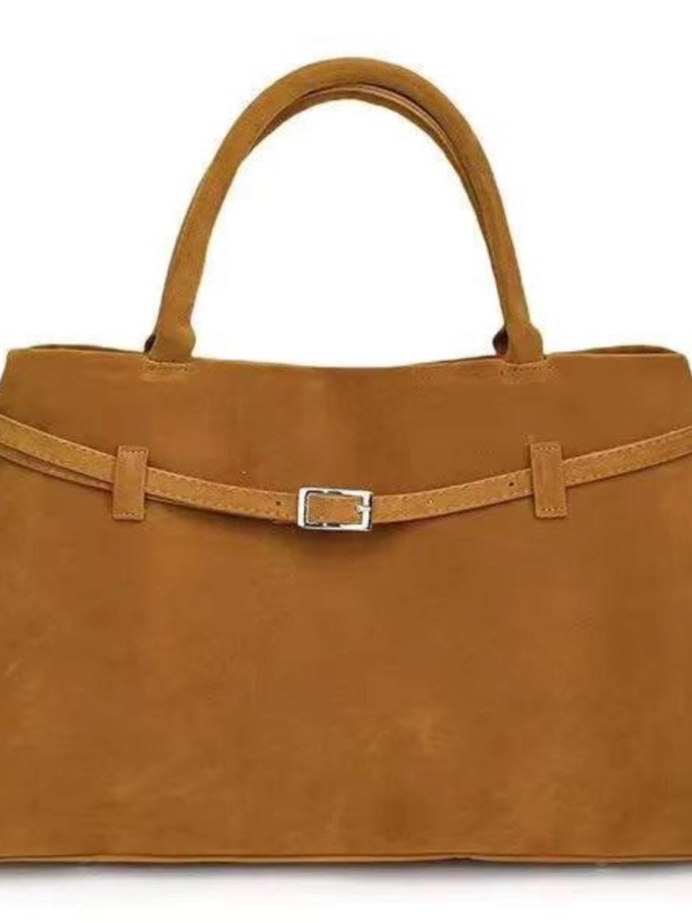 Cornelia Suede Tote Bag with Slim Buckle Accent in Oat